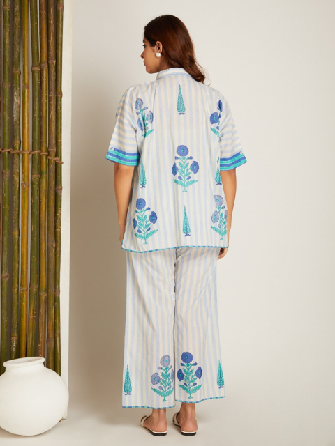 Blue Hand Block Printed Cotton Kaftan with Pants - Set of 2