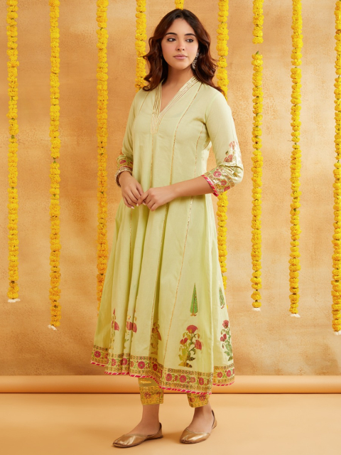 Lime Green Chanderi Hand Block Foile Printed Anarkali Kurta wtih Pant- Set of 2