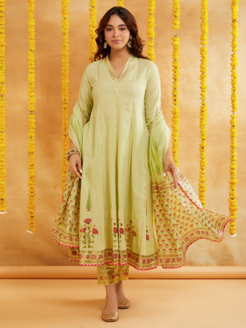 Lime Green Chanderi Hand Block Foile Printed Dupatta
