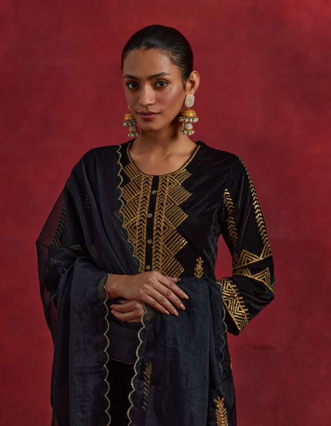 Black Velvet Gota Embroidered Kurta with Velvet Pant- Set of 2