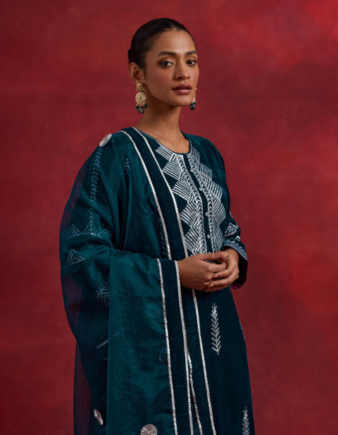 Blue Velvet Gota Embroidered Kurta with Velvet Pant- Set of 2