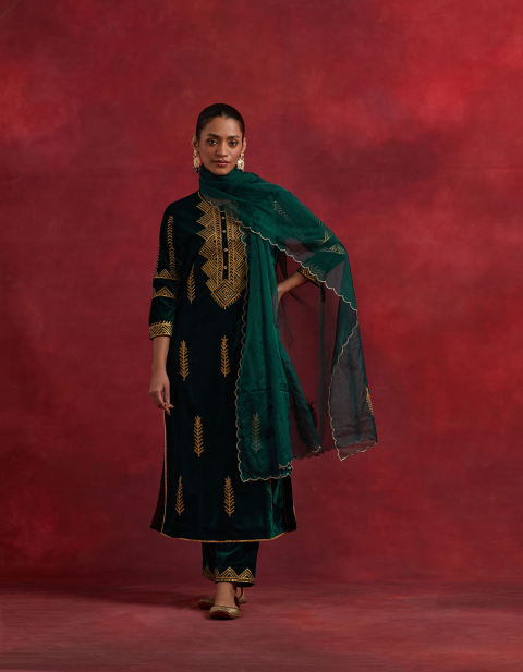Green Velvet Gota Embroidered Kurta with Velvet Pant- Set of 2