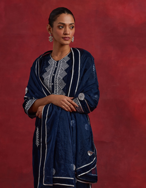 Navy Blue Velvet Gota Embroidered Kurta with Velvet Pant- Set of 2