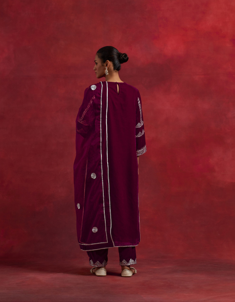 Red Velvet Gota Embroidered Kurta with Velvet Pant- Set of 2