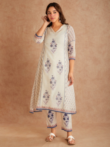 Off-White Blue Chanderi Hand Block Printed V-Neck Kurta with Pants - Set of 2