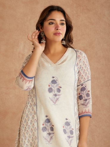 Off-White Blue Chanderi Hand Block Printed V-Neck Kurta with Pants - Set of 2