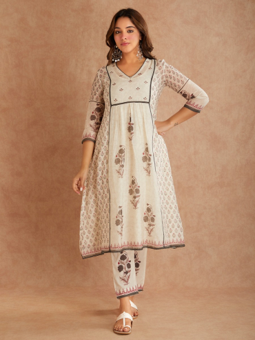 Off-White Grey Chanderi Hand Block Printed V-Neck Kurta with Pants - Set of 2