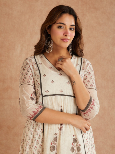 Off-White Grey Chanderi Hand Block Printed V-Neck Kurta with Pants - Set of 2