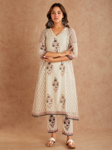 Off-White Grey Chanderi Hand Block Printed V-Neck Kurta with Pants - Set of 2