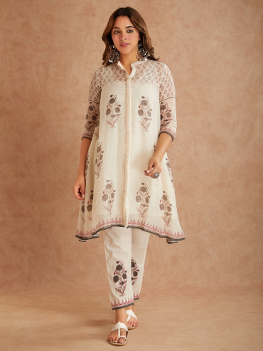 Off-White Grey Chanderi Hand Block Printed Round Neck Kurta with Pants - Set of 2