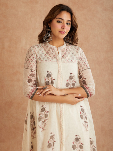 Off-White Grey Chanderi Hand Block Printed Round Neck Kurta with Pants - Set of 2