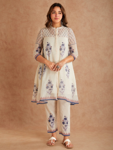 Off-White Blue Chanderi Hand Block Printed Round Neck Kurta with Pants - Set of 2