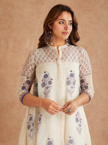 Off-White Blue Chanderi Hand Block Printed Round Neck Kurta with Pants - Set of 2
