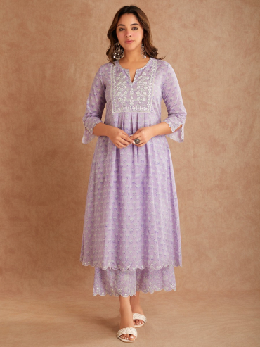 Lilac Mirror Embroidered & Hand Block Printed Cotton Round Neck Kurta with Palazzo - Set of 2
