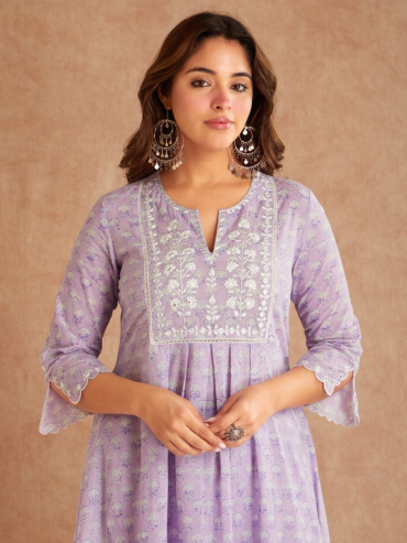Lilac Mirror Embroidered & Hand Block Printed Cotton Round Neck Kurta with Palazzo - Set of 2