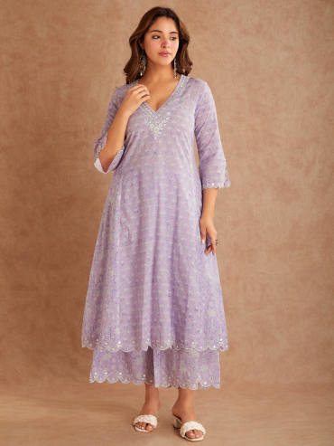 Lilac Mirror Embroidered & Hand Block Printed Cotton V-Neck Kurta with Palazzo - Set of 2