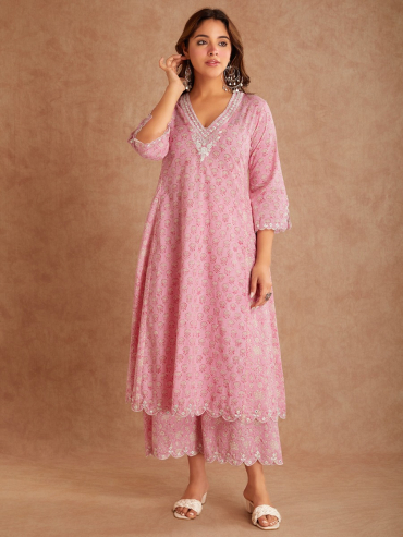 Pink Mirror Embroidered & Hand Block Printed Cotton V-Neck Kurta with Palazzo - Set of 2