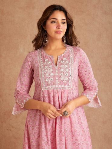 Pink Mirror Embroidered & Hand Block Printed Cotton Round Neck Kurta with Palazzo - Set of 2