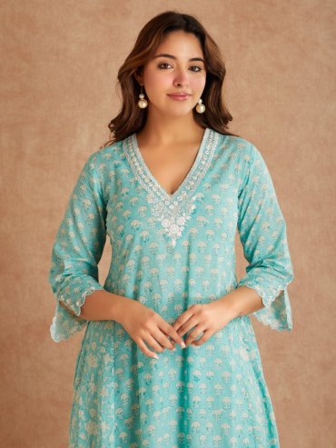 Light Green Mirror Embroidered & Hand Block Printed Cotton V-Neck Kurta with Palazzo - Set of 2