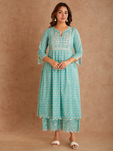 Light Green Mirror Embroidered & Hand Block Printed Cotton Round Neck Kurta with Palazzo - Set of 2