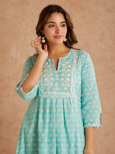 Light Green Mirror Embroidered & Hand Block Printed Cotton Round Neck Kurta with Palazzo - Set of 2