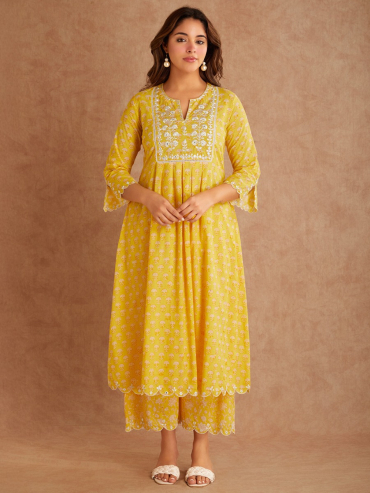 Yellow Mirror Embroidered & Hand Block Printed Cotton Round Neck Kurta with Palazzo - Set of 2