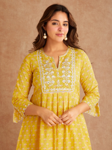 Yellow Mirror Embroidered & Hand Block Printed Cotton Round Neck Kurta with Palazzo - Set of 2