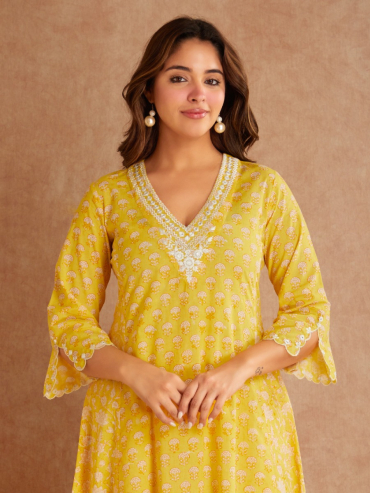 Yellow Mirror Embroidered & Hand Block Printed Cotton V-Neck Kurta with Palazzo - Set of 2