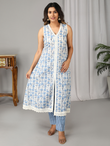 Off-White Blue Hand Block Printed V-Neck, Sleeve Less Kurta, Pant & Dupatta Set of 3