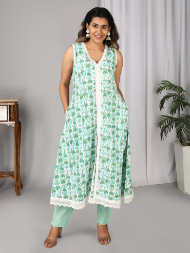 Off-White Green Hand Block Printed V-Neck, Sleeve Less Kurta, Pant & Dupatta Set of 3