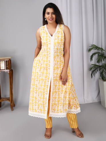 Off-White Yellow Hand Block Printed V-Neck, Sleeve Less Kurta, Pant & Dupatta Set of 3
