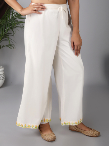 Tie-up waist Elasticated Plazzo with Yellow Aari embroidery