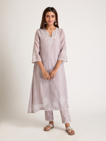 Grey Aari Embroidered & Sequins Round Neck Chanderi Silk Kurta with Slip and Pants- Set of 2