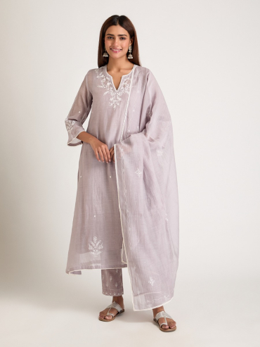 Grey Aari Embroidered Chanderi Silk Dupatta