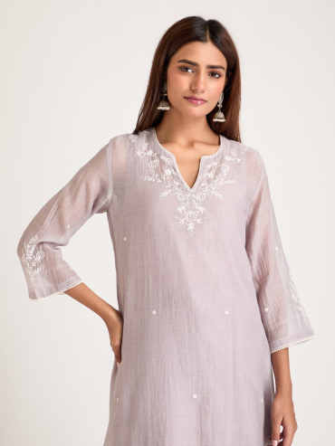 Grey Aari Embroidered & Sequins Round Neck Chanderi Silk Kurta with Slip and Pants- Set of 2