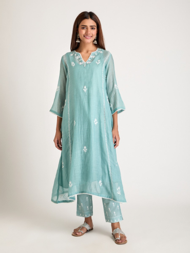 Sky Blue Aari Embroidered & Sequins Round Neck Chanderi Silk Kurta with Slip and Pants- Set of 2