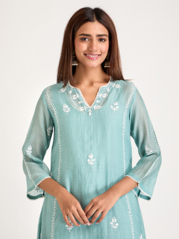 Sky Blue Aari Embroidered & Sequins Round Neck Chanderi Silk Kurta with Slip and Pants- Set of 2
