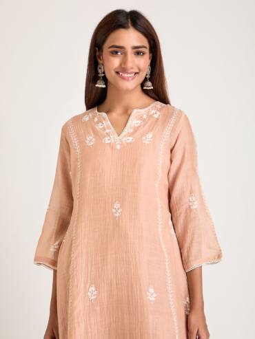 Brown Aari Embroidered & Sequins Round Neck Chanderi Silk Kurta with Slip and Pants- Set of 2