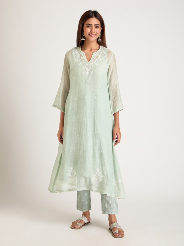 Mint Green Aari Embroidered & Sequins Round Neck Chanderi Silk Kurta with Slip and Pants- Set of 2