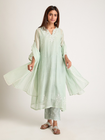 Mint Green Aari Embroidered Chanderi Silk Dupatta