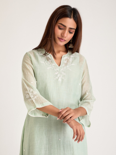 Mint Green Aari Embroidered & Sequins Round Neck Chanderi Silk Kurta with Slip and Pants- Set of 2