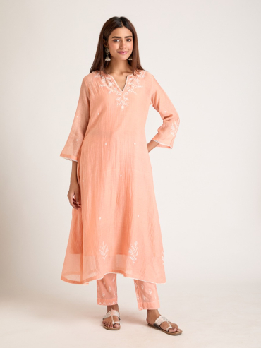 Orange Aari Embroidered & Sequins Round Neck Chanderi Silk Kurta with Slip and Pants- Set of 2