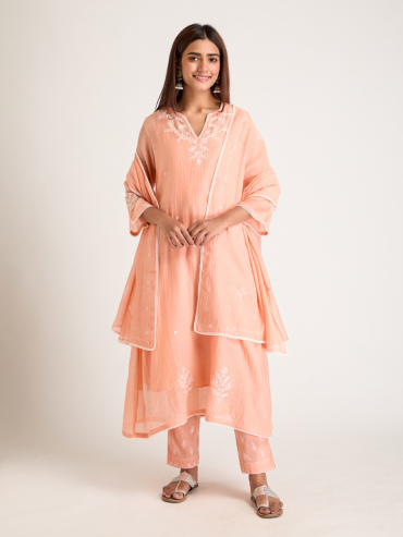Orange Aari Embroidered Chanderi Silk Dupatta