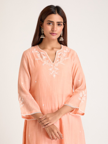 Orange Aari Embroidered & Sequins Round Neck Chanderi Silk Kurta with Slip and Pants- Set of 2