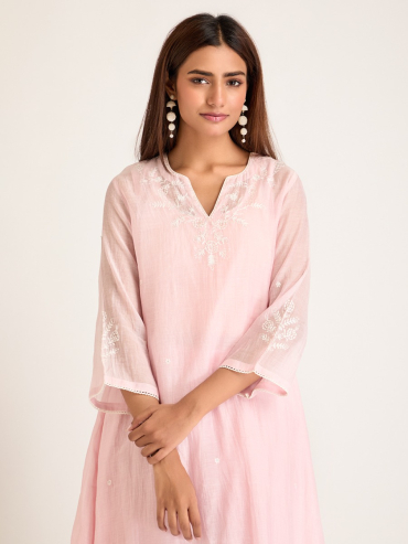 Pink Aari Embroidered & Sequins Round Neck Chanderi Silk Kurta with Slip and Pants- Set of 2