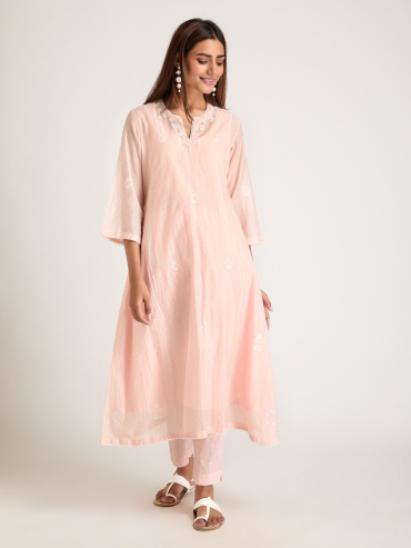 Peach Aari Embroidered & Sequins Round Neck Chanderi Silk Kurta with Slip and Pants- Set of 2