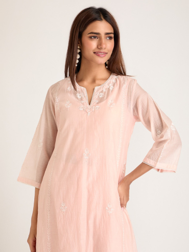 Peach Aari Embroidered & Sequins Round Neck Chanderi Silk Kurta with Slip and Pants- Set of 2