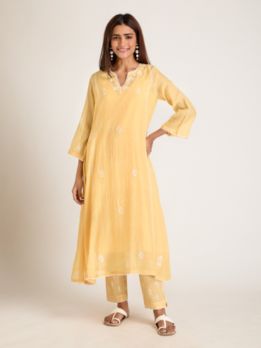 Yellow Aari Embroidered & Sequins Round Neck Chanderi Silk Kurta with Slip and Pants- Set of 2