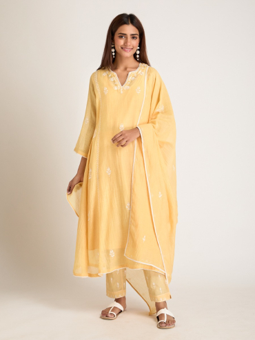Yellow Aari Embroidered Chanderi Silk Dupatta