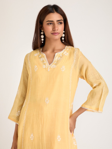 Yellow Aari Embroidered & Sequins Round Neck Chanderi Silk Kurta with Slip and Pants- Set of 2